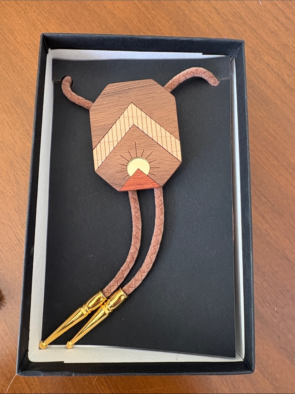 Leather Brown Western Bolo Tie with Wood Medallion